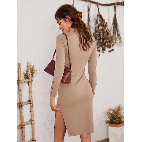 Long Sleeve Button Detail Side Slit Dress - Picture 8 of 13